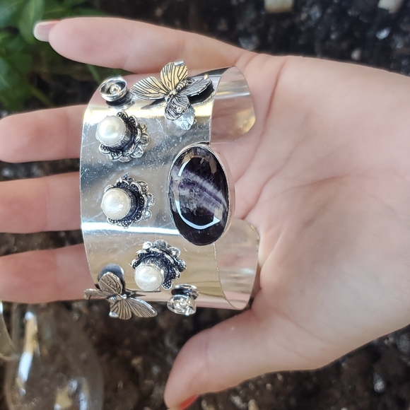 New Chevron Amethyst & Pearl 925 Silver Butterflies Adjustable Cuff Bracelet. - Picture 8 of 14